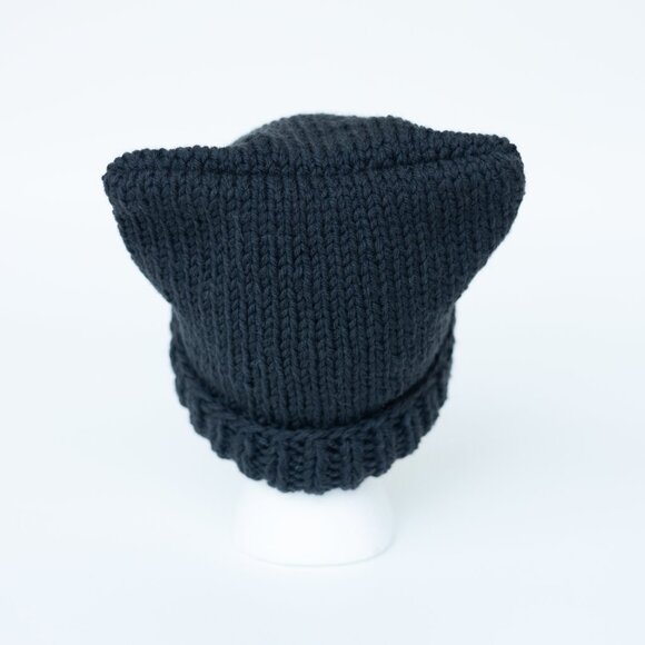 Black Chunky Adult Wool Cat Ear Beanie Winter Hat - Picture 3 of 4